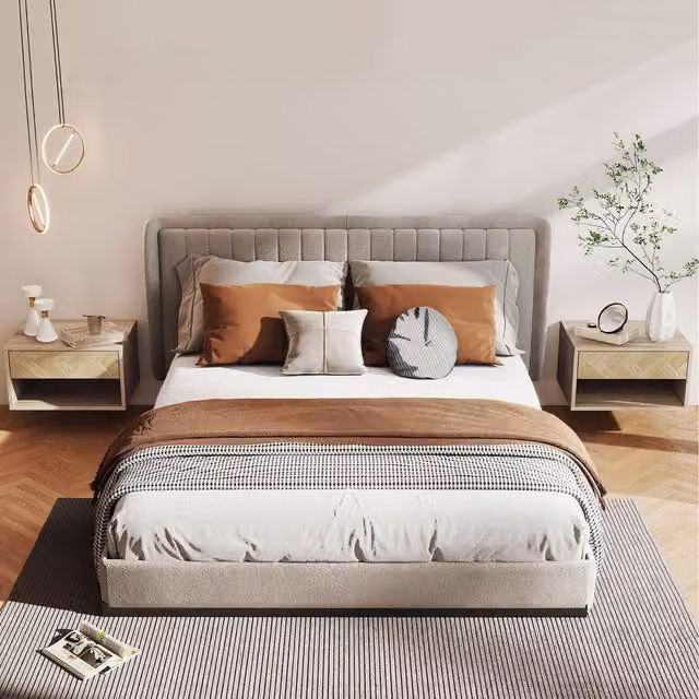 HOMCOM Set of 2 Wall Mounted Floating Bedside Tables in Natural Veneer