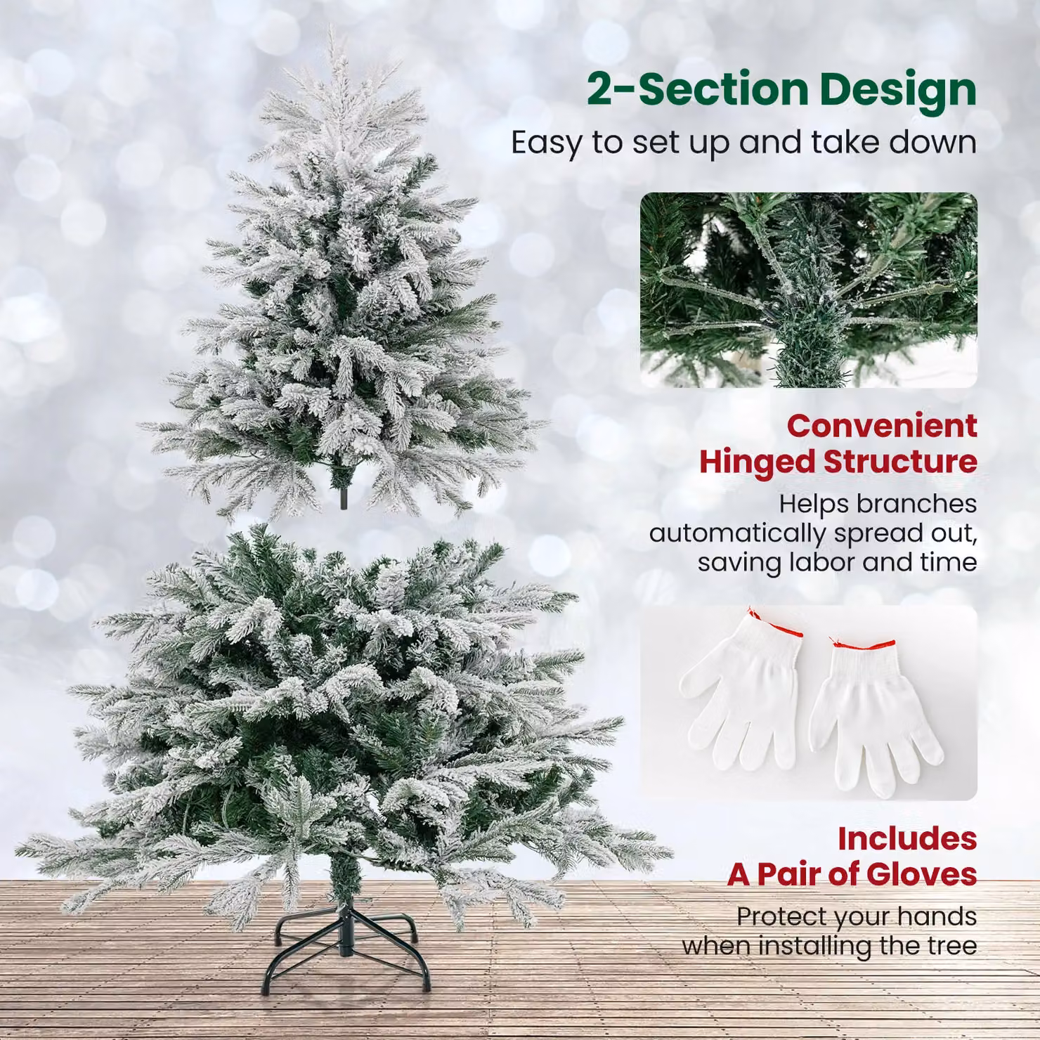 Gymax 146 cm Pre-Lit Flocked Christmas Tree with 688 Tips and 200 LED Lights in Green – 4
