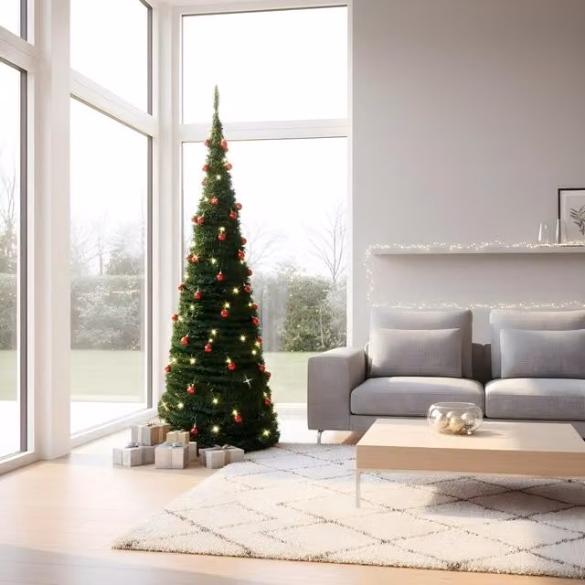 Shatchi 5ft Prelit Pop Up Christmas Tree with Warm White LED Lights and Red Baubles in Green, H 150 cm x W 60 cm x D 60 cm