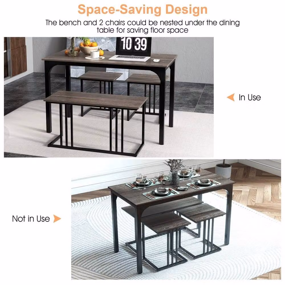 FORGEVIO Industrial Dining Set with Rectangular Wood Table, Bench and 2 Stools for 4 Persons in Grey and Black – 4