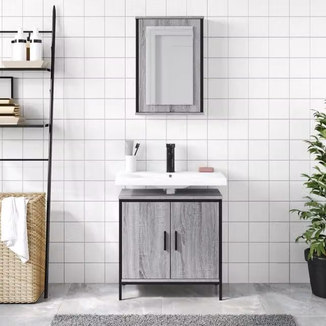 Berkfield Home Modern 2 Piece Grey Bathroom Furniture Set with Mirror Cabinet and Vanity Unit