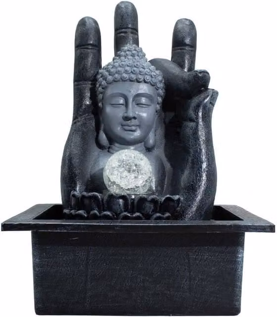 KDMD Buddha Hand Head Tabletop Water Feature with Crystal Sphere and LED Light, Grey, W/D/H: 20 x 25 x 35 cm – 1