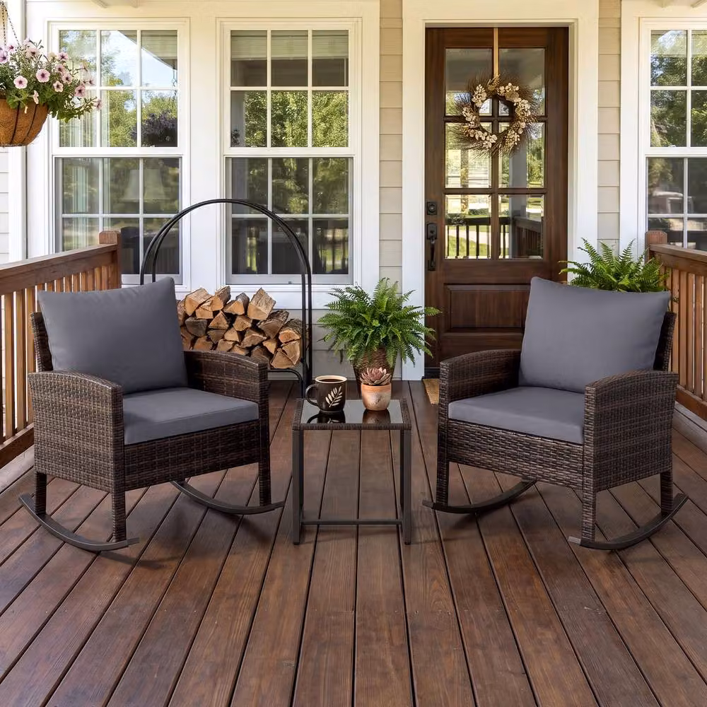 Gymax 3-Piece Grey Rattan Rocking Bistro Set with Glass Coffee Table – 3
