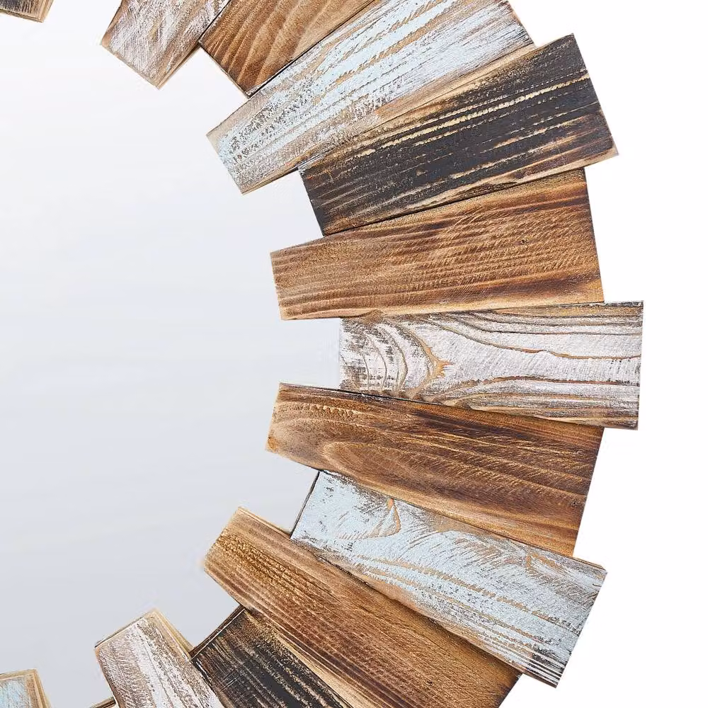 Wyld and Coco Home Round Wall Mirror in Brown with Rustic Wood and Glass, Diameter: 66 cm – 3