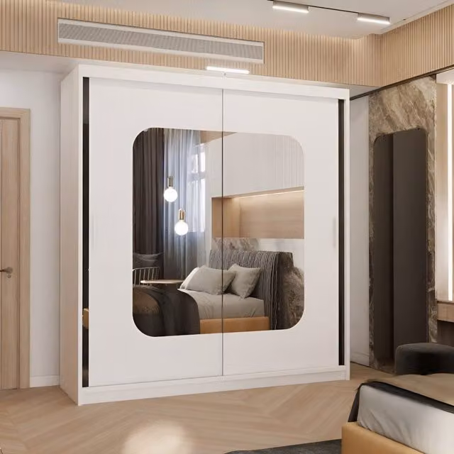 MN Furniture Modern White Wardrobe with Double Sliding Mirror Doors and Integrated LED Lighting, W: 180 cm, H: 217 cm