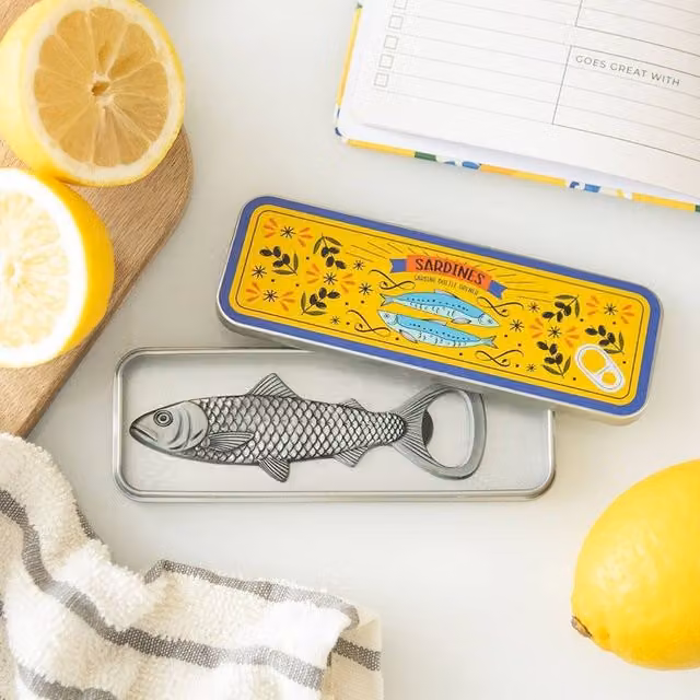 Uniqueful Sardine Bottle Opener in a Multicolour Metal Storage Tin