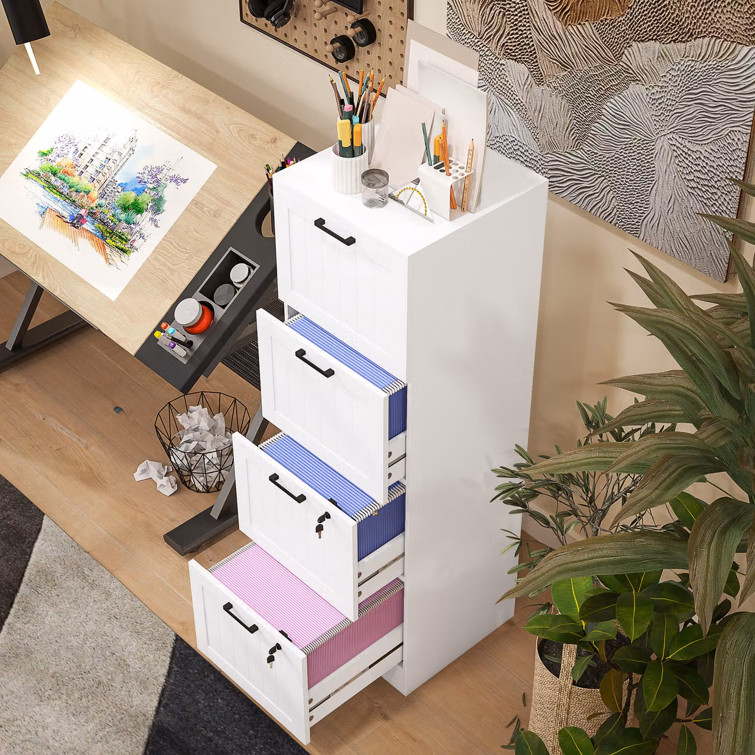 HOMCOM White 4 Drawer Filing Cabinet with Lock and Adjustable Hanging Bars for A4 and Letter Size Files – 3