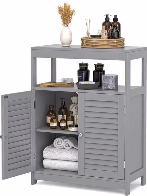 Gymax Freestanding Grey Bathroom Cabinet with Roll Shutter Doors and Internal Shelves – 1
