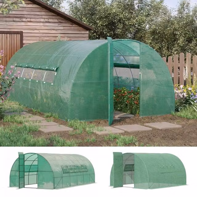 Outsunny Green Walk-in Tunnel Greenhouse with Window and Steel Frame
