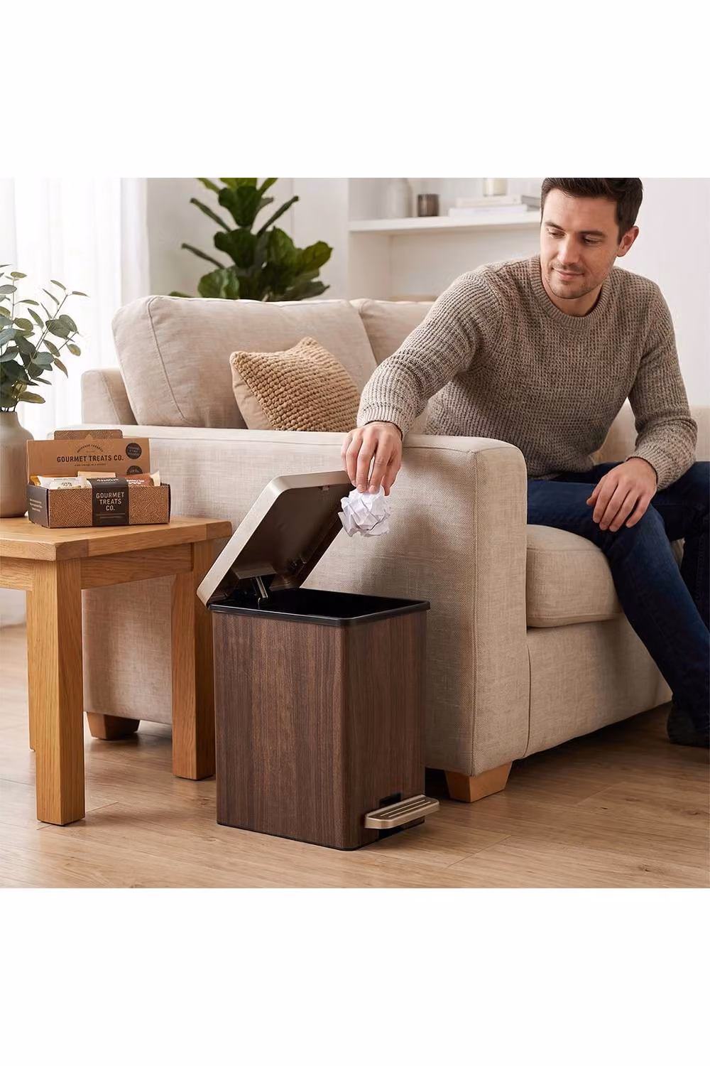 Living and Home Square Wood Effect Pedal Bin with Dual Open Lid in Brown, Medium – 3