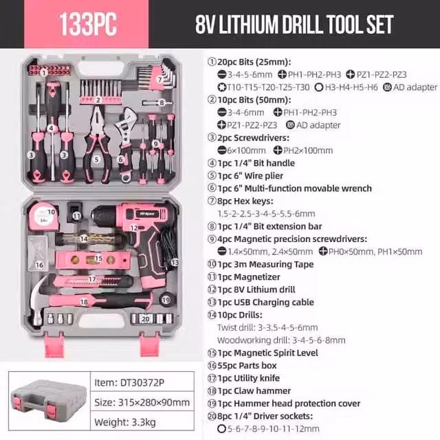 Hi-Spec Rechargeable Electric Screwdriver Drill Home Tool Kit in Pink, Red and Black