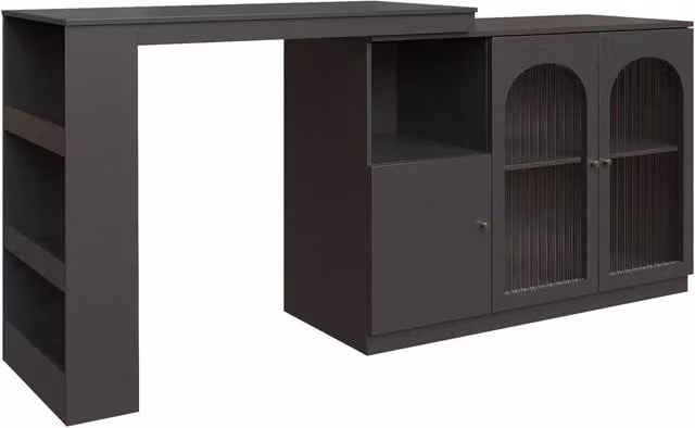 KORVIXA Multifunctional Kitchen Island Storage Cabinet in Black with Glass Doors