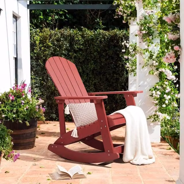 Wyld and Coco Everwood Red Rocking Chair with Slatted Faux Wood and Stainless Steel Frame – 1