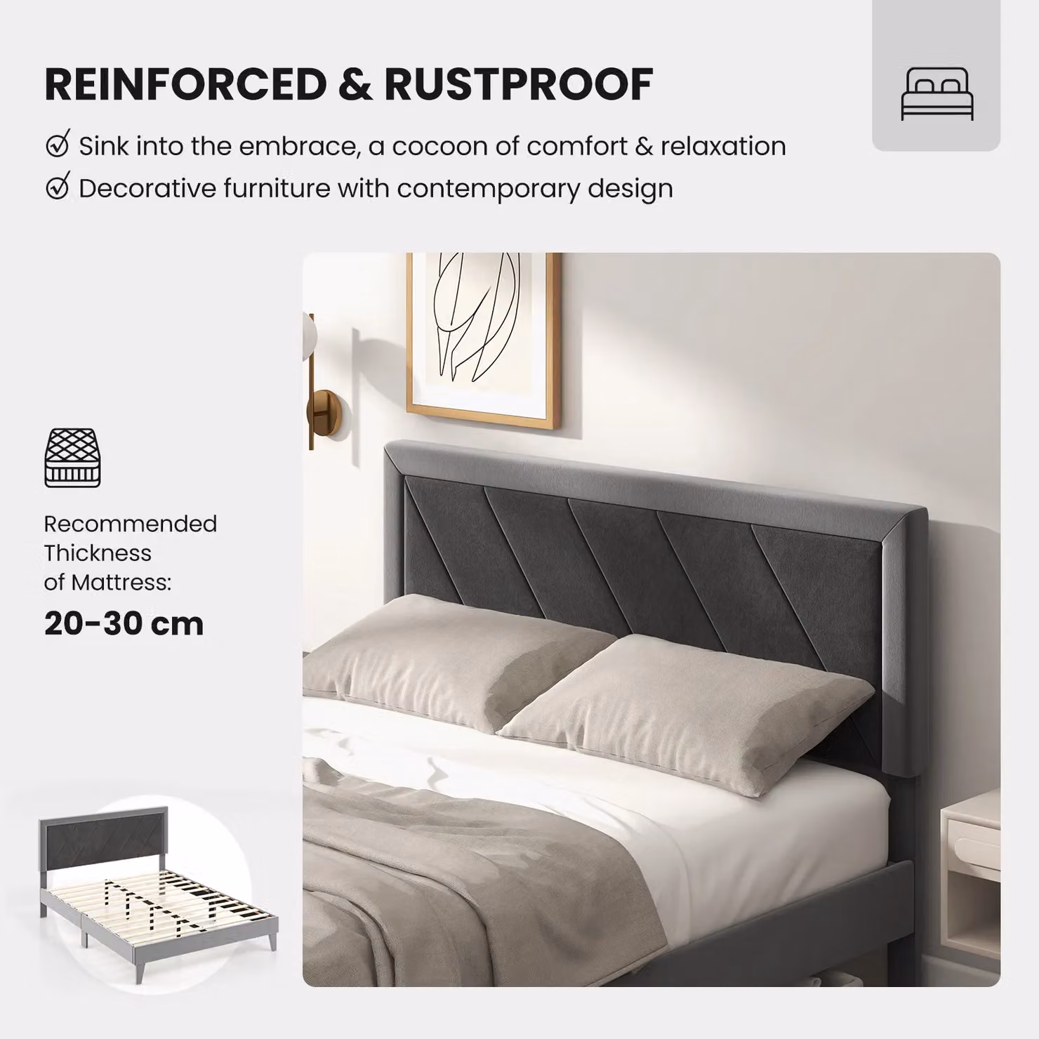 Gymax Double Velvet Upholstered Platform Bed Frame with High Headboard in Grey, W/D/H: 140 x 200 cm – 2