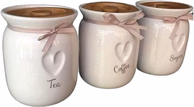 Biznest Set of 3 Ceramic Tea Coffee and Sugar Canisters with Wood Lids in White