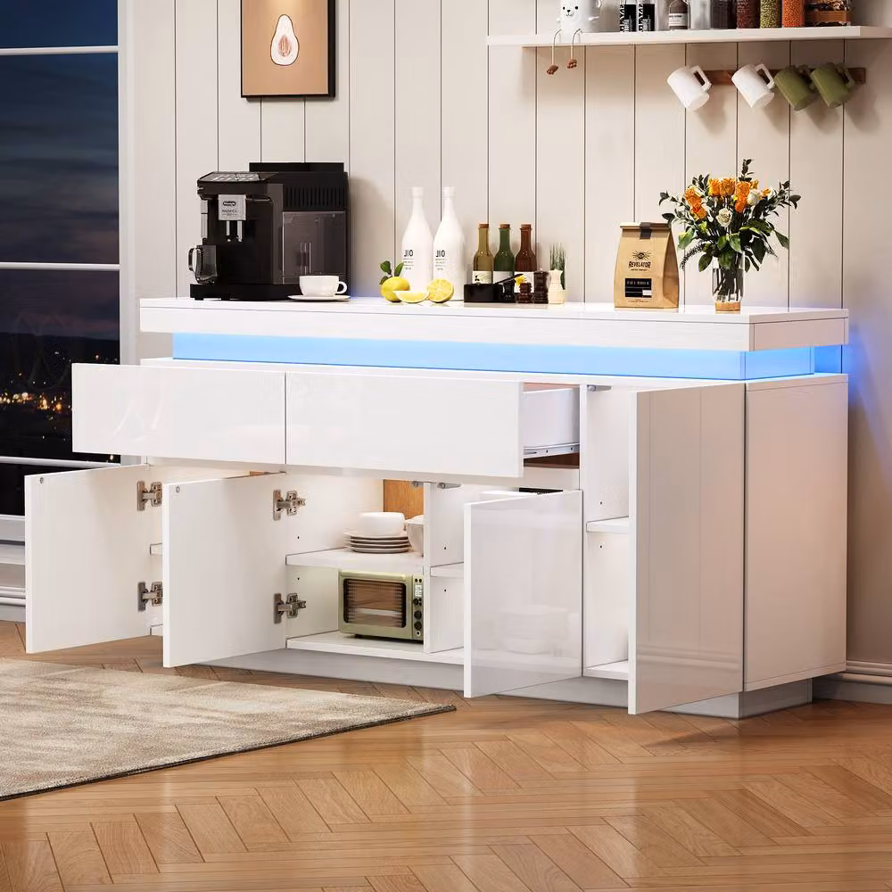 Merax White High Gloss Modern Sideboard with Integrated LED Lighting, 2 Drawers and 4 Doors, W: 140 cm, H: 72.5 cm, D: 35 cm – 2