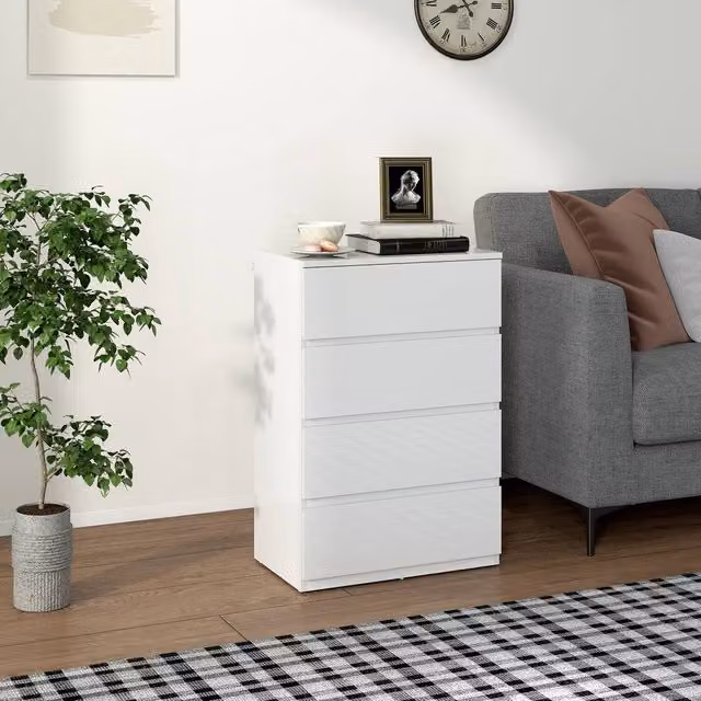 HOMCOM Modern High Gloss 4 Drawer Bedroom Chest of Drawers in White – 1