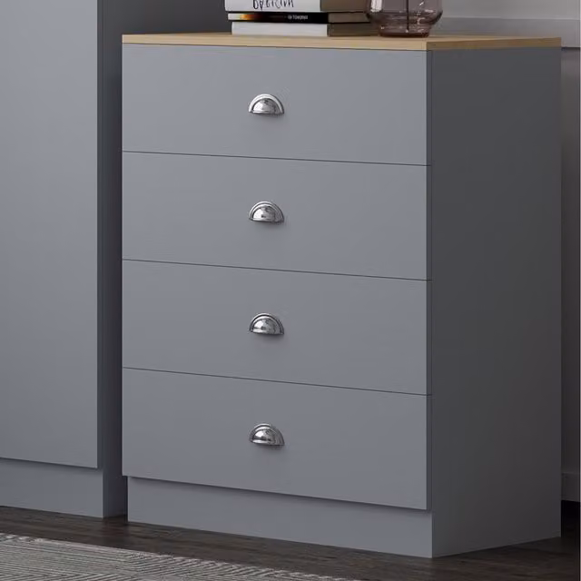 FWStyle Esher 4 Drawer Chest of Drawers with Oak Top, Grey