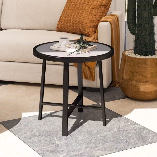Outsunny Round Small Garden Table with SPC Composite Tabletop in Grey