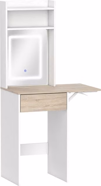 HOMCOM Small White Vanity Desk with LED Mirror, Drop Leaf Dressing Table with Open Shelves and Drawer