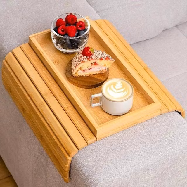 VOGREX Foldable Natural Bamboo Sofa Arm Tray and Couch Side Table in Beige