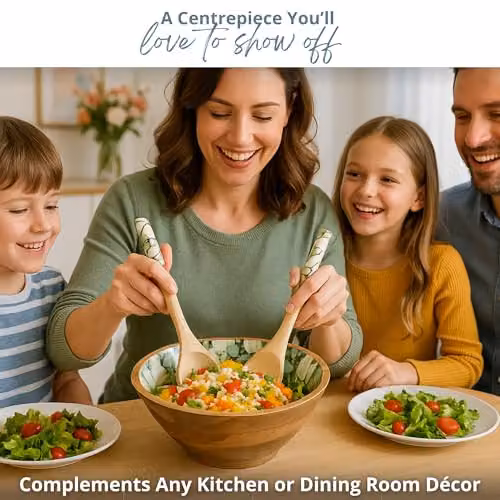 Hartsmede Snowbell Handmade Mango Wood Serving Bowl with Spoons, Green Floral Enamel Interior, 3L – 5