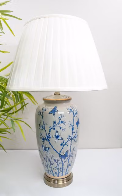 Downton Interiors Blue Butterfly Ceramic Table Lamp with Pleated Shade in Blue and Grey