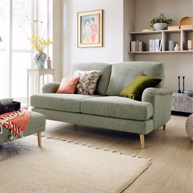 Abakus Direct Harper 2 Seater Upholstered Fabric Sofa in Pickle Green with Removable Covers and Scatter Cushions