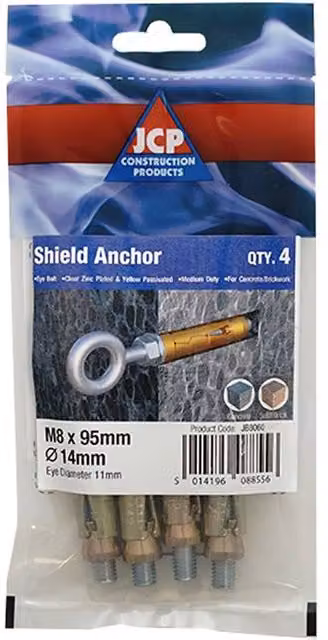JCP Construction Products Zyp Shield Anchors Eye Bolt, Yellow, M8 x 95mm, Box of 20