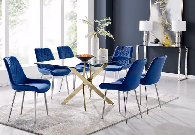 FurnitureboxUK Leonardo Gold Dining Table with Six Pesaro Silver Leg Chairs in Navy Blue