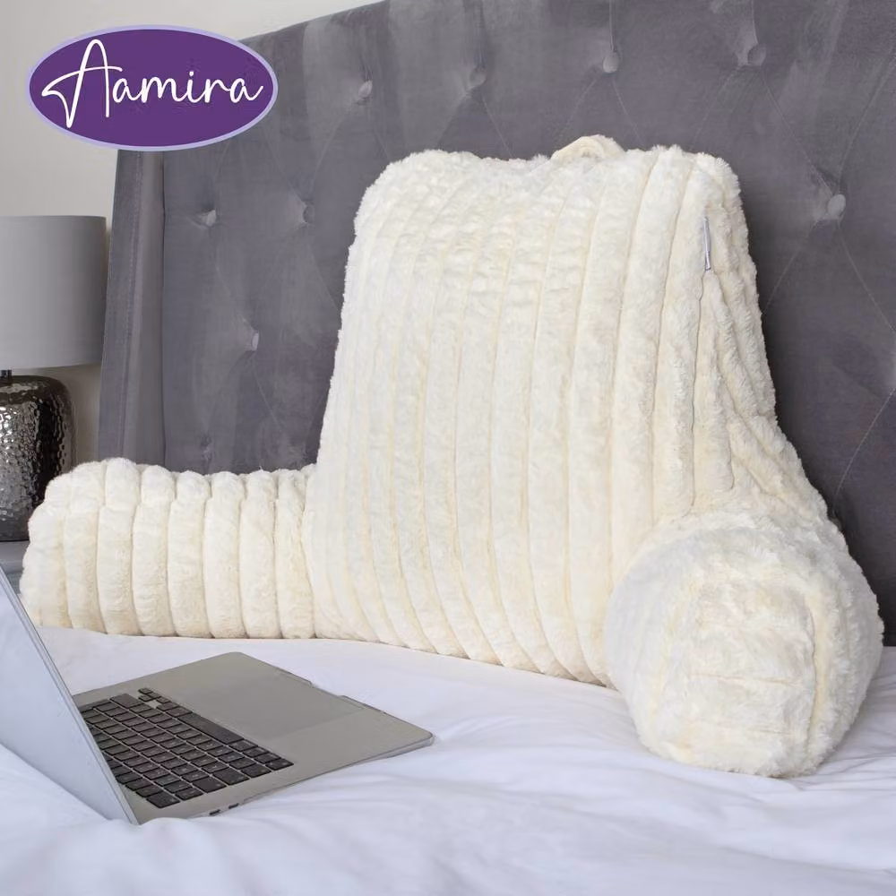 Aamira Beige Faux Fur Ribbed Memory Foam Wedge Reading Pillow Support Cushion – 7