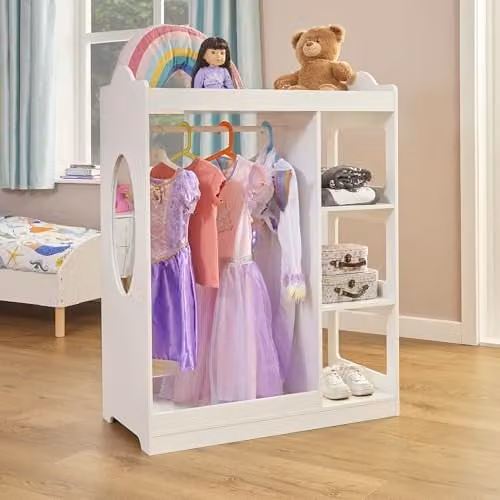 Liberty House Toys Kids Dressing Rail with Mirror in White Lacquered Wood, H 110 x W 85 x D 40 cm