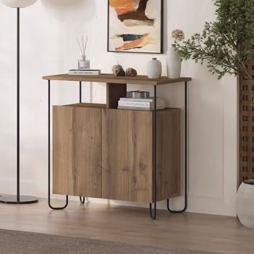 FWStyle Matt Dark Oak 2 Door Sideboard with Metal Frame and Open Display Storage, W/D/H: 80 x 40 x 80 cm – 2