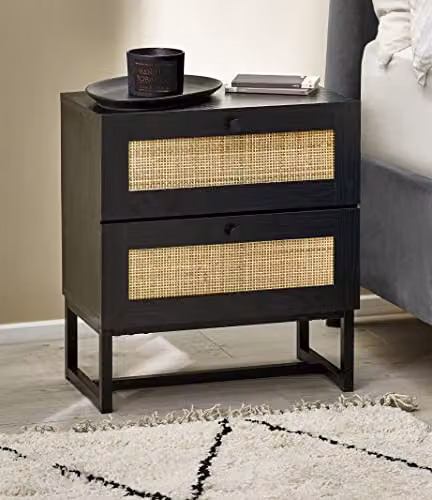 Julian Bowen Padstow Black and Rattan 2 Drawer Bedside Table, W/D/H: 40 x 30 x 55 cm – 3