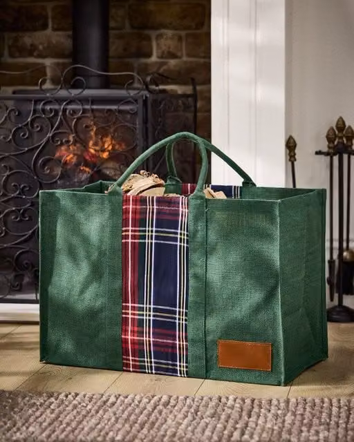 Dibor Traditional Tartan Plaid Jute Firewood Log Storage Bag in Garden Green, H: 40 cm, W: 60 cm – 1