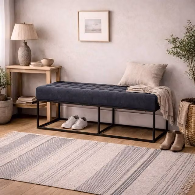 Wyld Haus Cavan Upholstered Diamond Bench in Steel Grey Chenille, W/D/H: 121.0 x 41.5 x 46.5 cm – 1