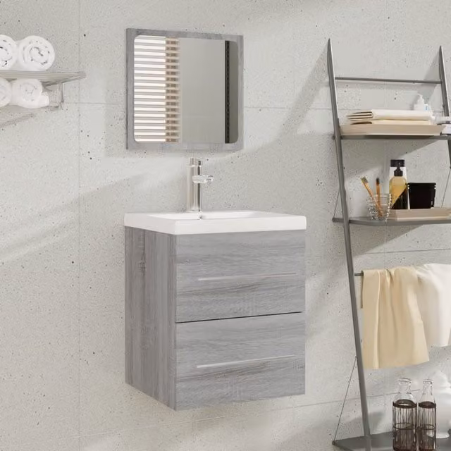 Berkfield Home Grey Sonoma Wall Mounted Bathroom Sink Cabinet with Built-in Basin and Internal Drawers