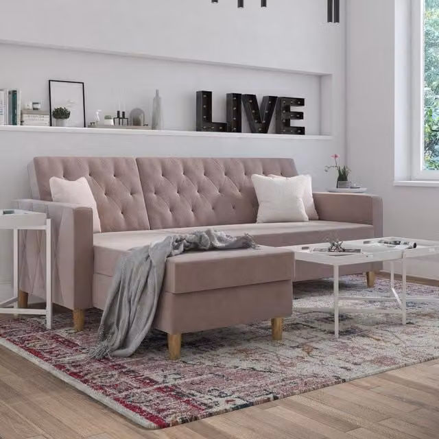 Dorel Home CL Liberty Sectional Sofa Bed in Pink Velvet Fabric