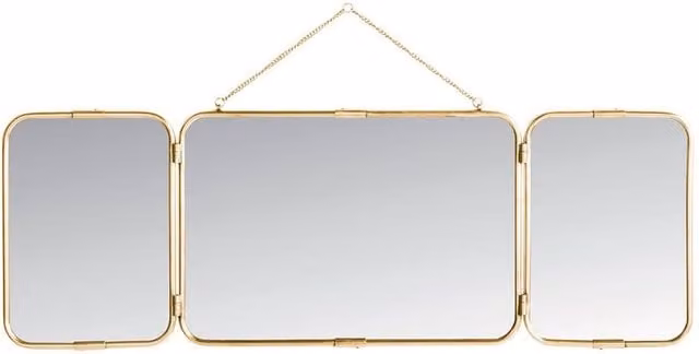 Signature Triptych Barber Mirror in Gilded Brass, Metallic Gold, W: 114 cm, H: 40 cm