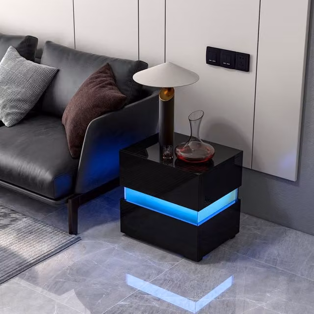 Costway LED Bedside Table with 2 Drawers and Remote Control, Black
