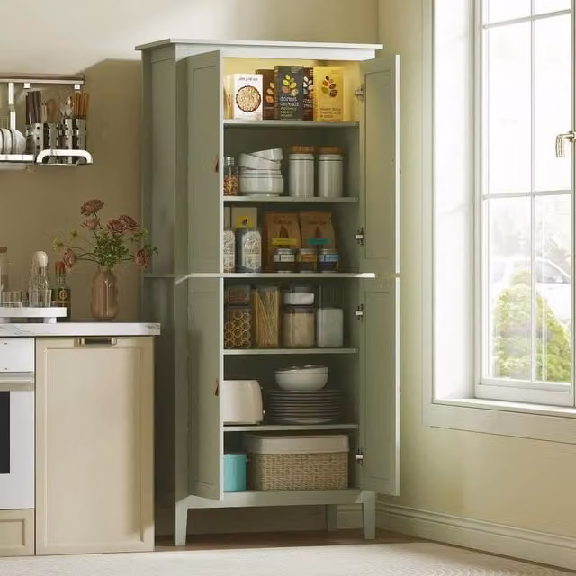 Chilli Seating Modern Tall Kitchen Pantry Cupboard with Integrated Motion Sensor LED Light and Hinged Doors in Matt Green