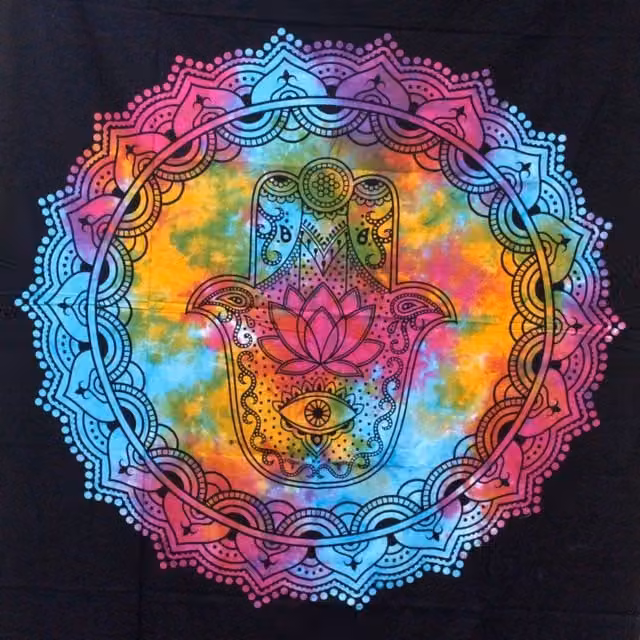 KDMK Black and Multicolour Hamsa Cotton Bedspread and Wall Hanging