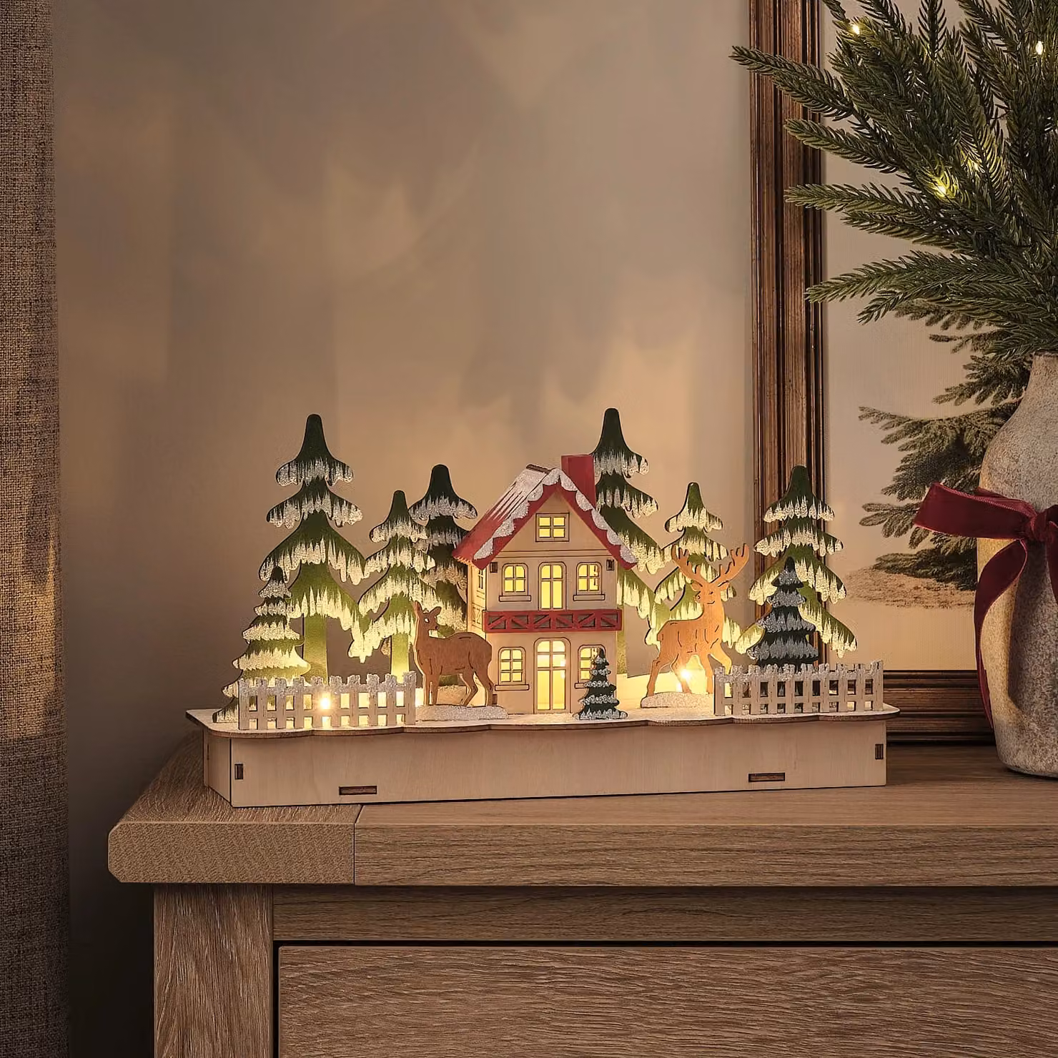 Lights4fun Pre Lit Winter Woodland Wooden House Scene Tabletop Decoration in Multicolour