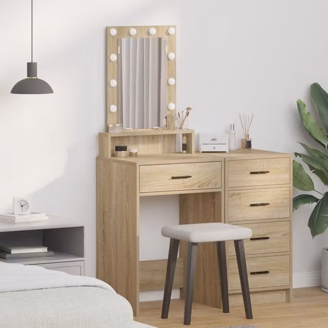 Berkfield Home Hollywood LED Dressing Table in Sonoma Oak and Beige, W/D/H: 50 x 41 x 140 cm – 1