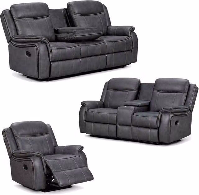 Furnishings For Less UK Tara 3 Piece Reclining Sofa Suite in Grey Leather Look Fabric (3+2+1) – 1