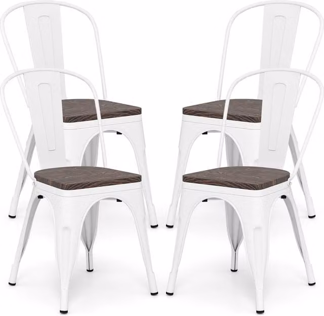 Costway Set of 4 Stackable White Kitchen Side Chairs with Metal and Wood Industrial Design