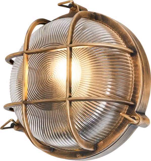 Litecraft Remy Round Caged Bulkhead Outdoor Wall Light in Gold/Brass