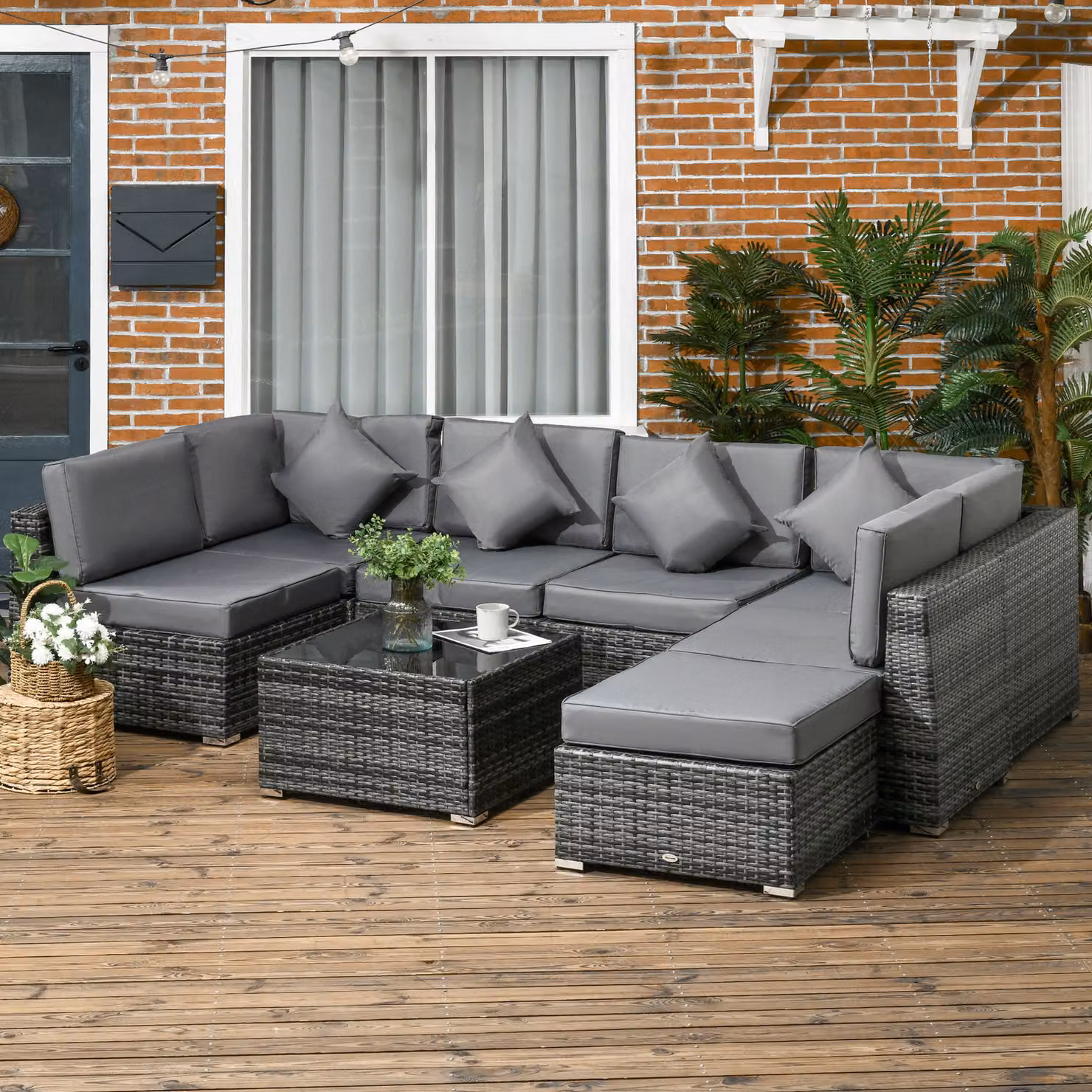 Outsunny 8 Piece Grey Rattan L-Shape Garden Furniture Set with Upholstered Cushions, Ottoman and Coffee Table – 2