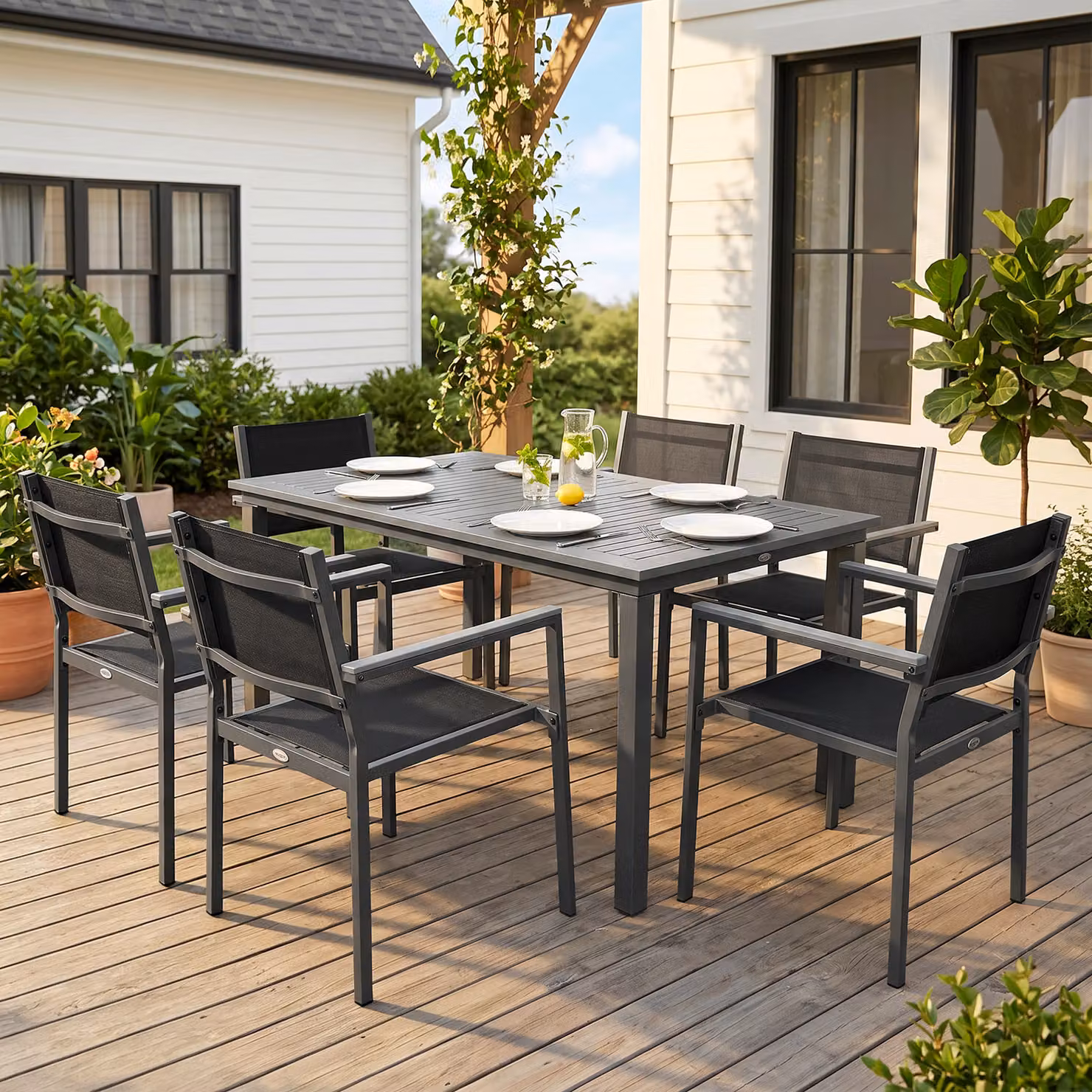Outsunny Garden Dining Set with Acacia Wood Table and 6 Stackable Grey Texteline Chairs – 7
