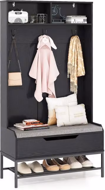 COSTWAY 4-in-1 Modern Hall Tree with Bench, Shoe Rack and Coat Hooks in Black